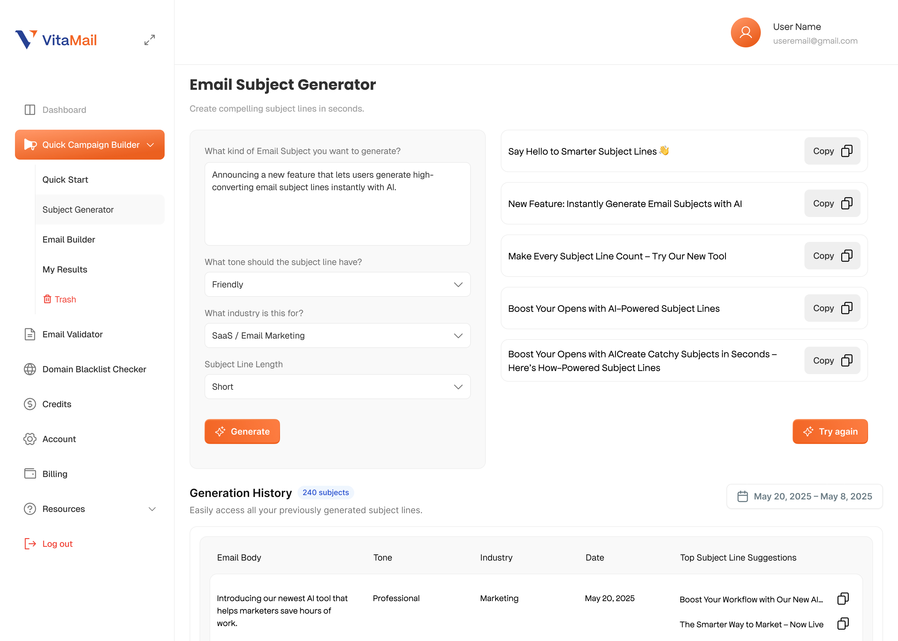 Generate email subject and results